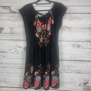 Lauren Conrad Mini Dress L Womens Black Floral Print Cap Sleeve Key Hole Back